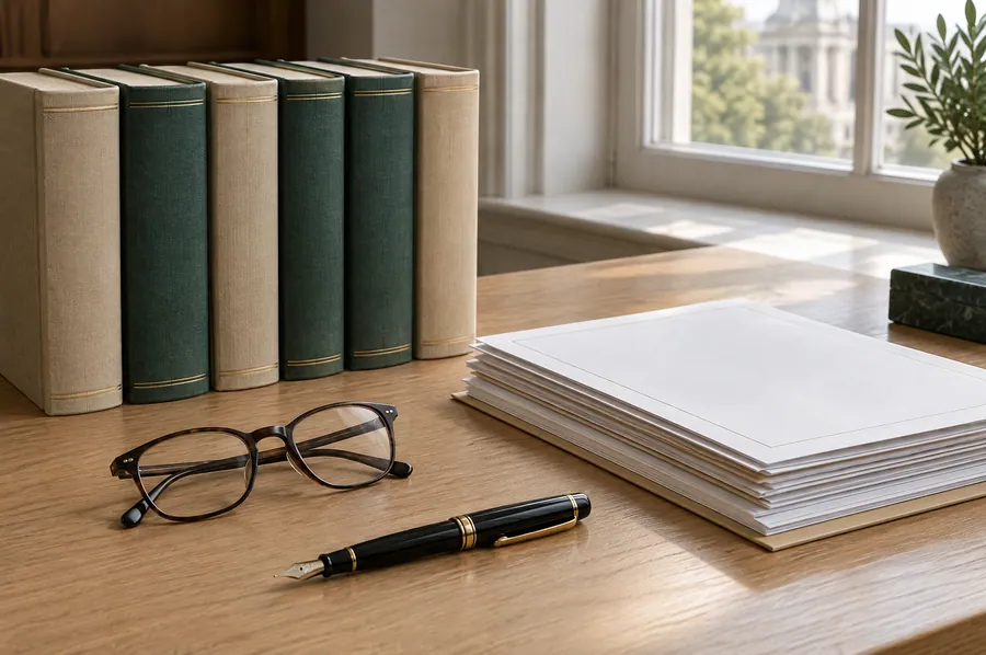 Livres de droit, documents et stylo plume sur un bureau