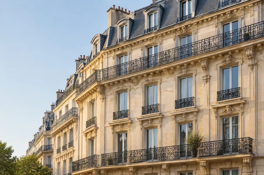 Façade haussmannienne en pierre claire au soleil du matin