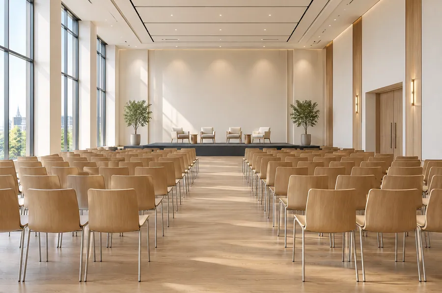 Salle de conférence vide, rangées de chaises en bois clair