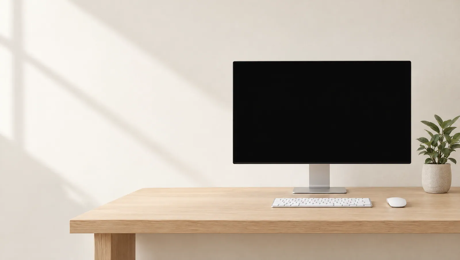 Écran posé sur un bureau en chêne clair, dans un studio lumineux