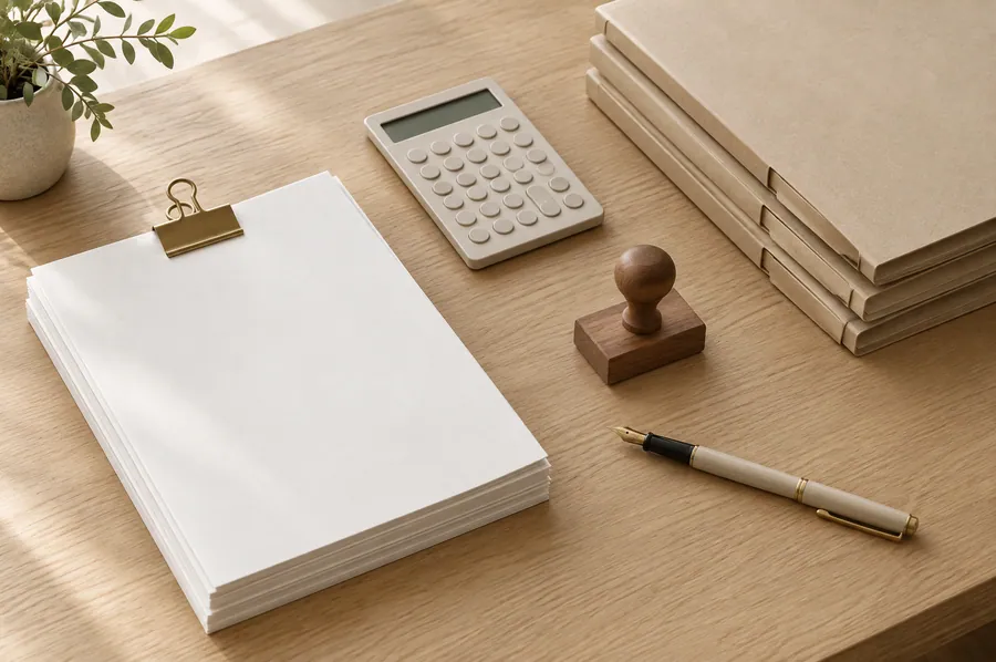Factures rangées, calculatrice et tampon sur un bureau ordonné