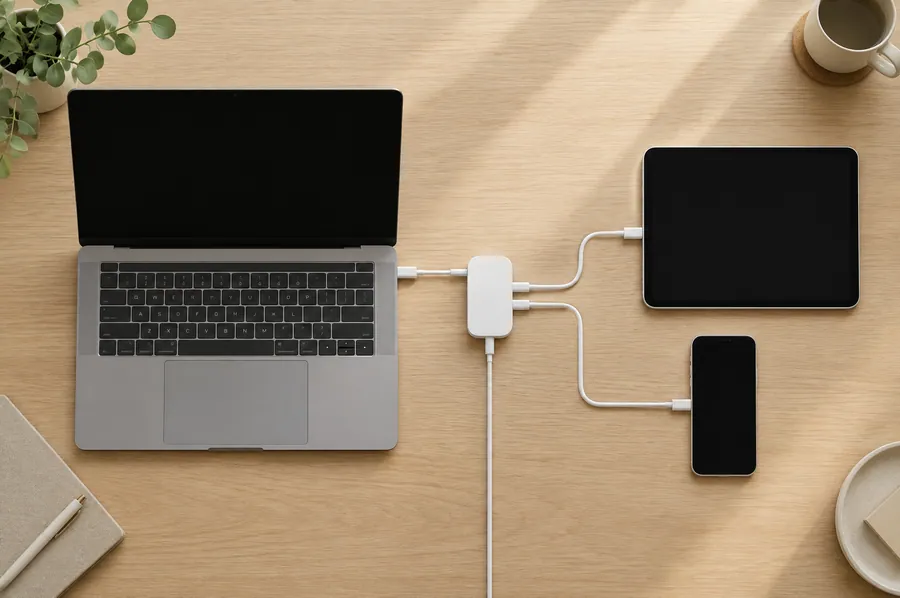 Ordinateur, tablette et téléphone reliés par des câbles bien rangés