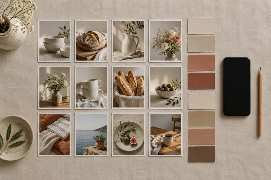 Photos de produits et nuancier disposés comme un calendrier de publications