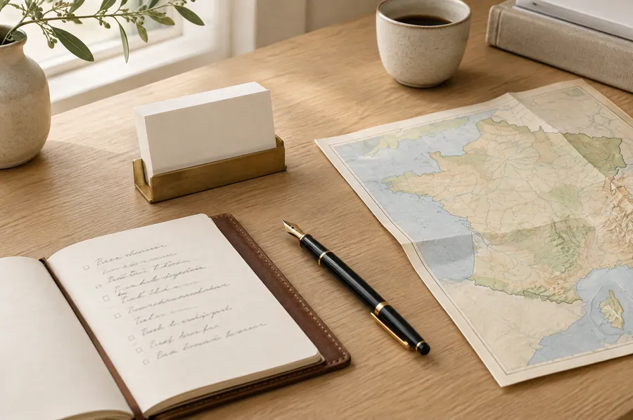 Cartes de visite, carnet et carte de France sur un bureau en chêne