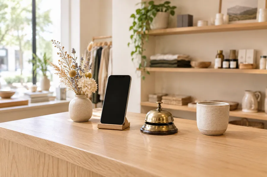 Comptoir de boutique lumineux avec un téléphone et une sonnette