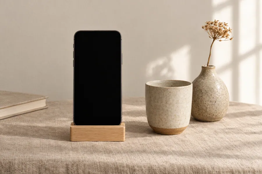 Téléphone posé sur un support en bois, à côté d’une tasse et d’un vase
