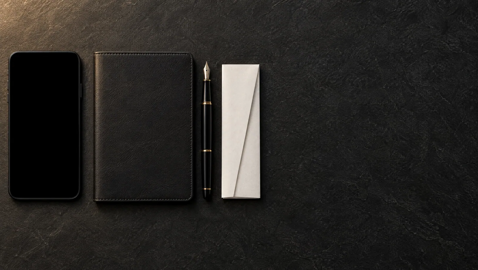 Téléphone posé sur un bureau en pierre sombre, à côté d’un carnet et d’un stylo